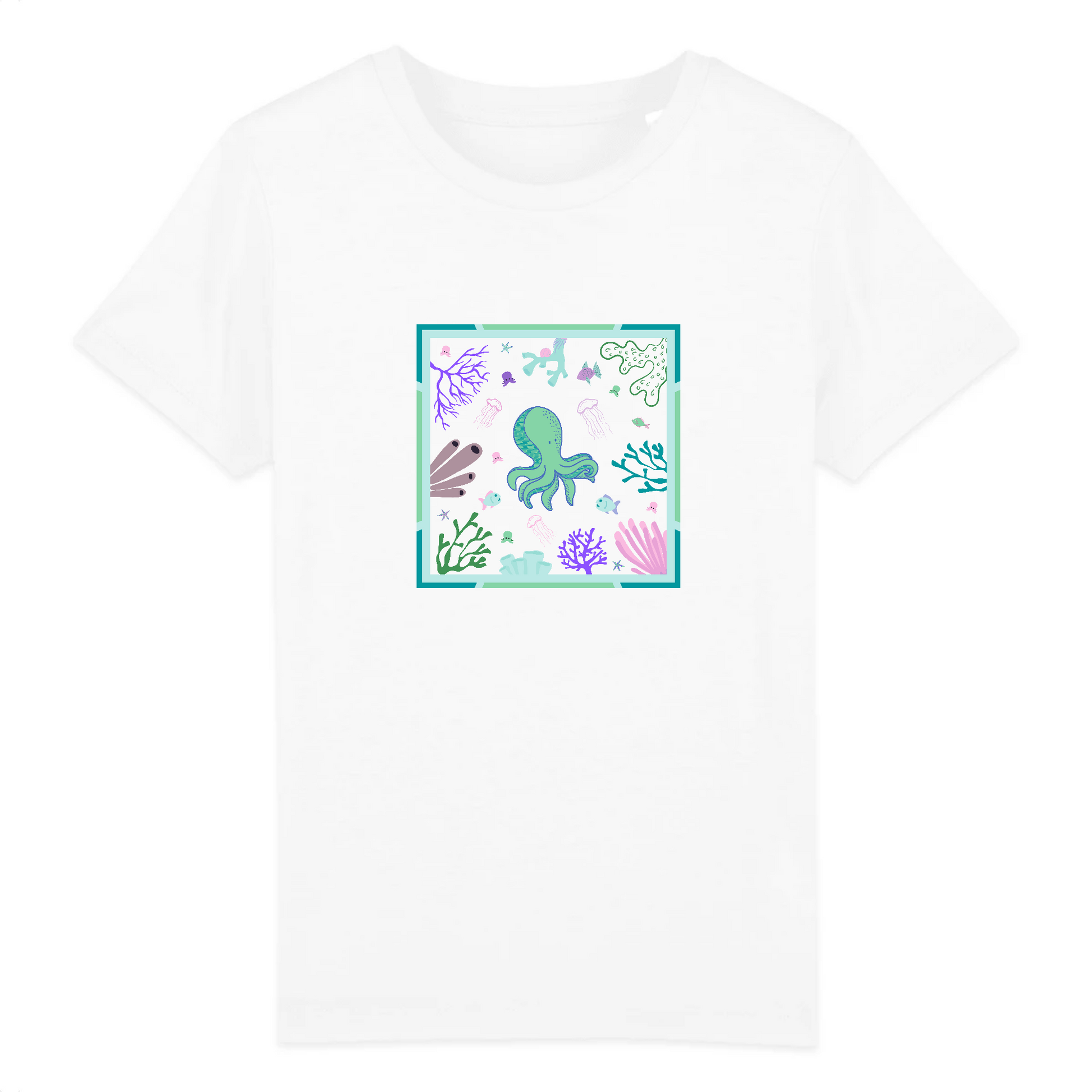 T-shirt enfant coton bio | Graphisme coraux et petite pieuvre | Blanc