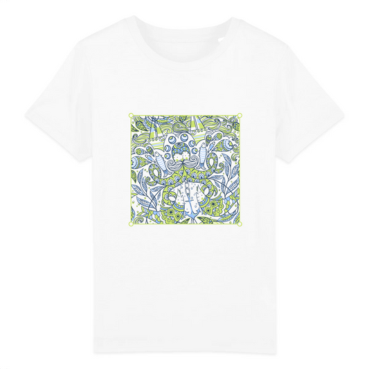 T-shirt enfant coton bio | Graphisme pêcheur et poissons | Blanc