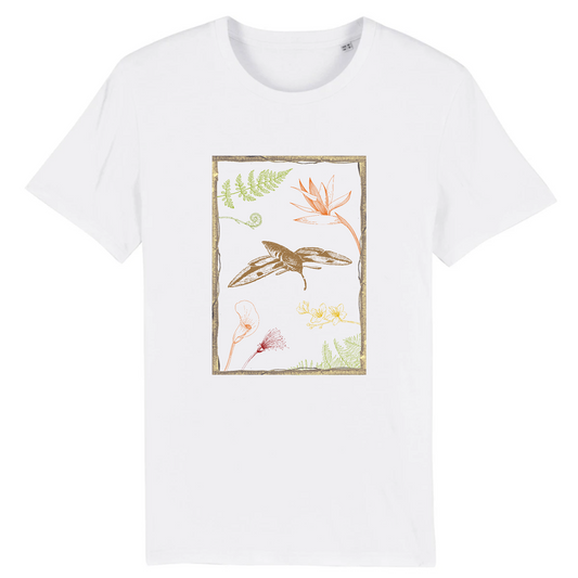 T-shirt homme coton bio | Graphisme insecte sphinx et fleurs | Blanc