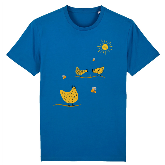 T-shirt homme coton bio | Graphisme poules et abeilles | Bleu