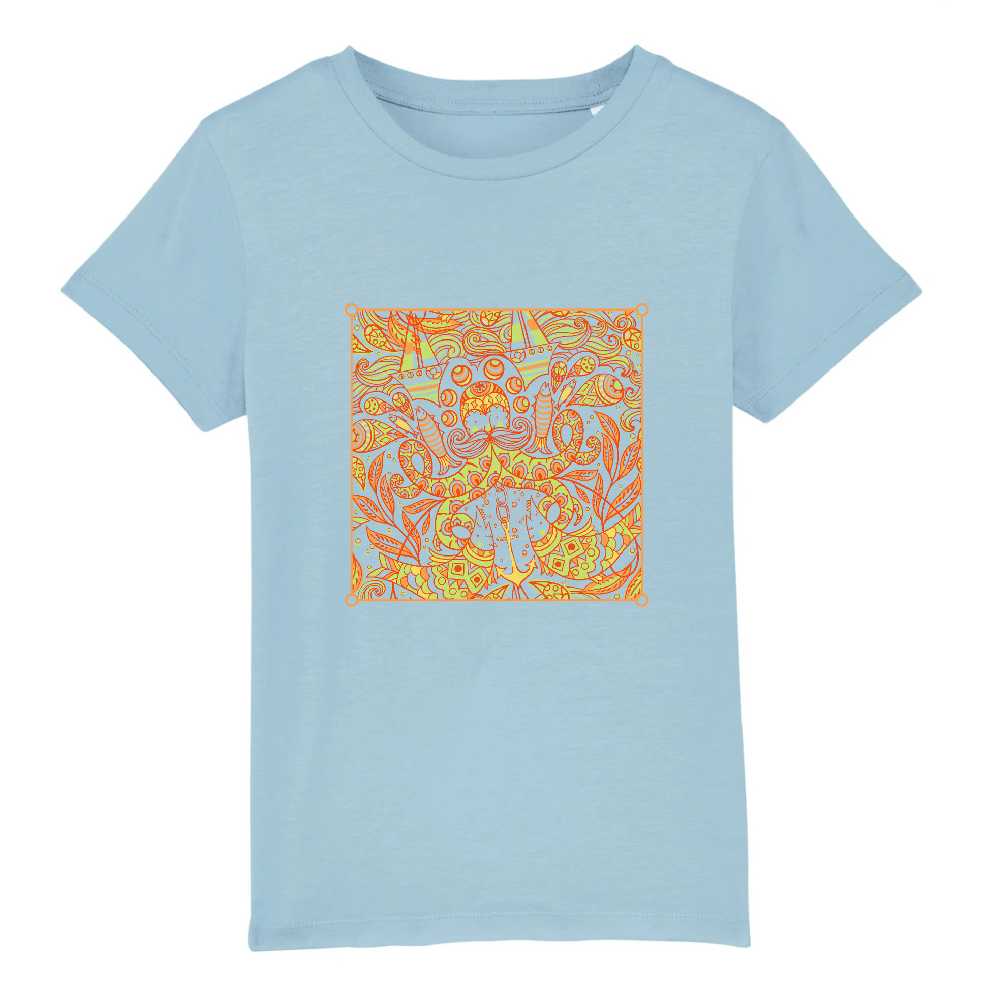 T-shirt enfant coton bio | Graphisme pêcheur et poissons | Bleu clair