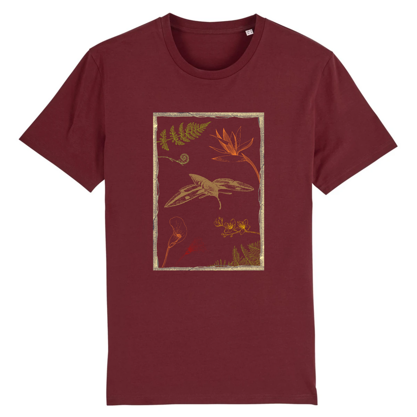 T-shirt homme coton bio | Graphisme insecte sphinx et fleurs | Bordeaux