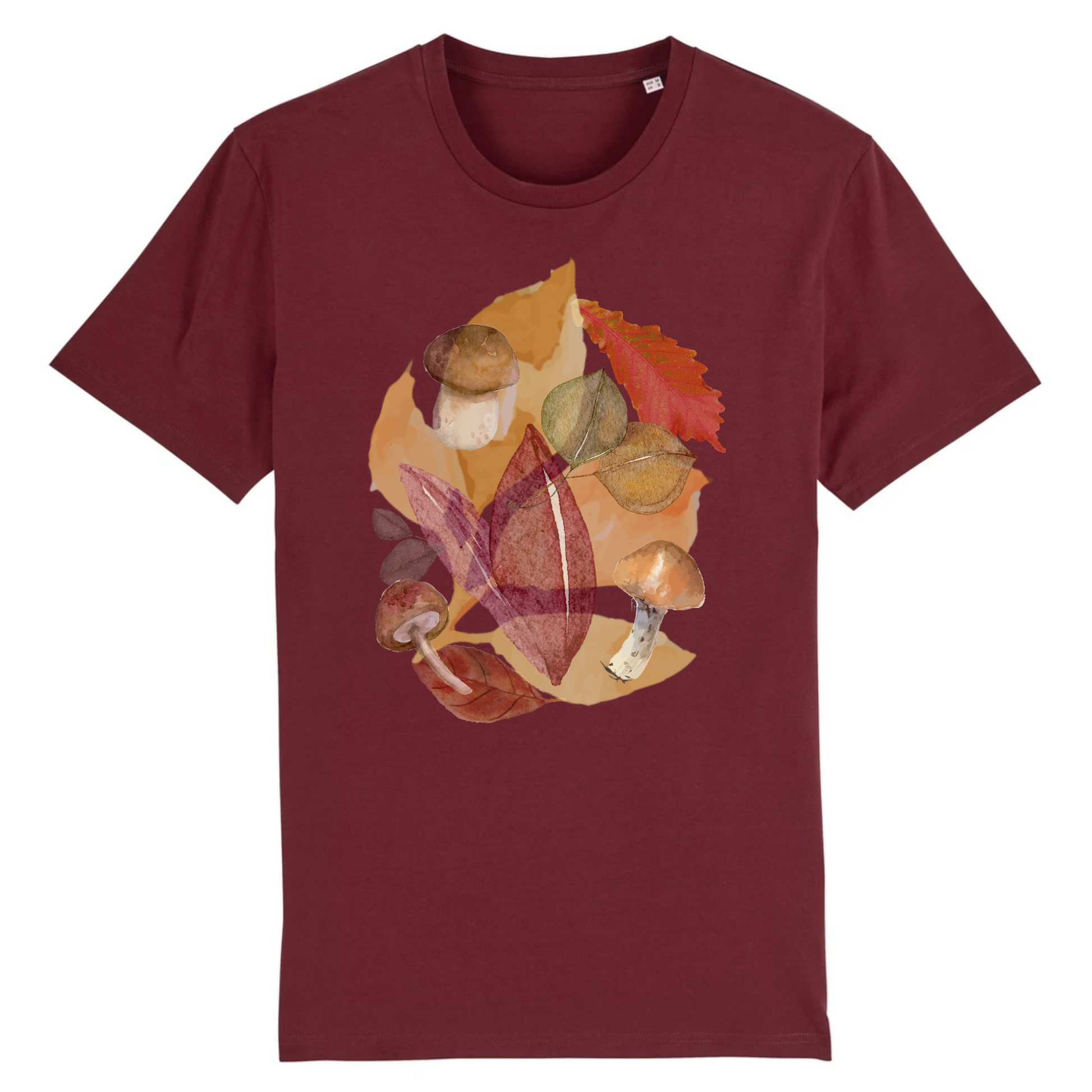 T-shirt homme coton bio | Graphisme champignons et feuilles d'automne | Bordeaux
