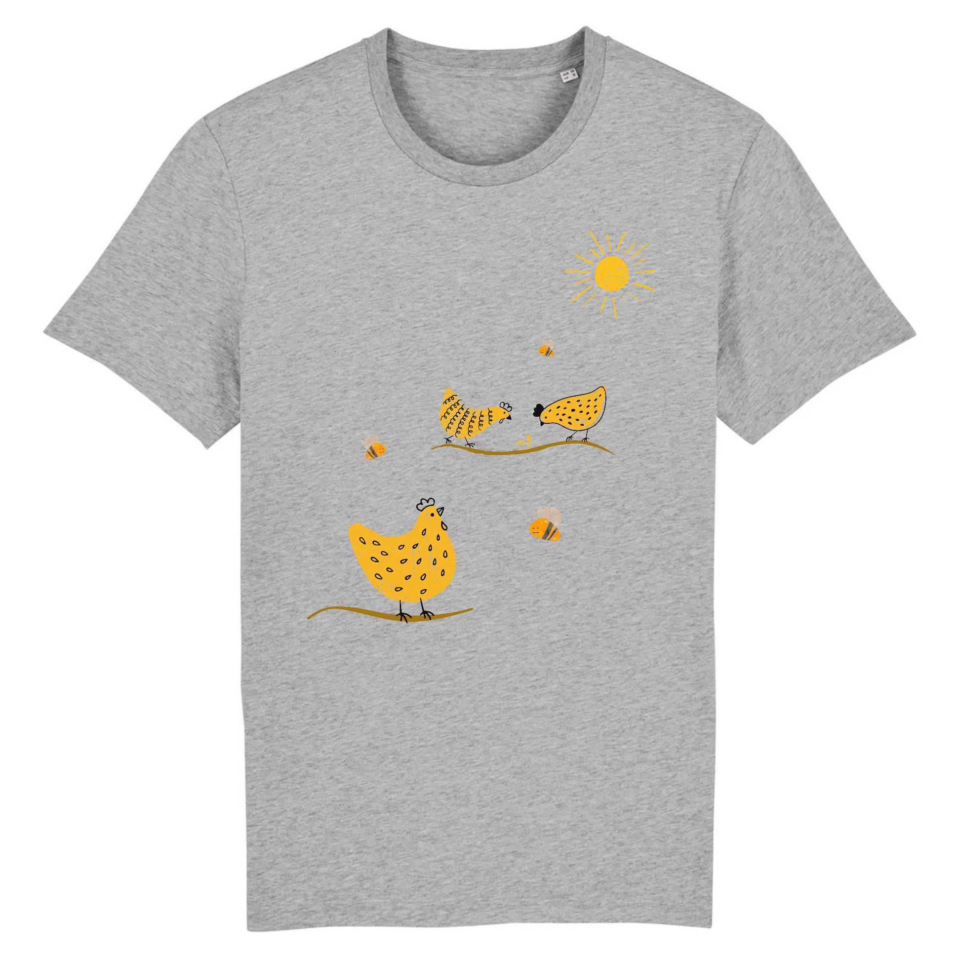 T-shirt homme coton bio | Graphisme poules et abeilles | Gris