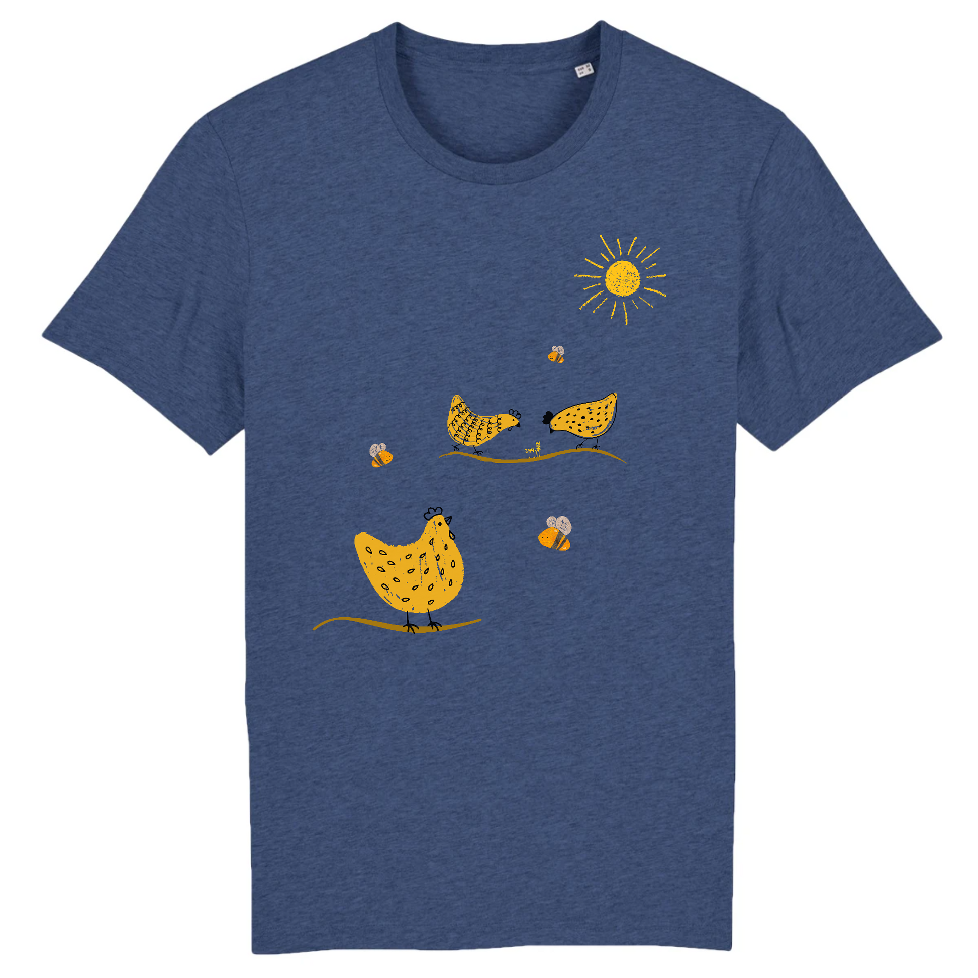 T-shirt homme coton bio | Graphisme poules et abeilles | Indigo