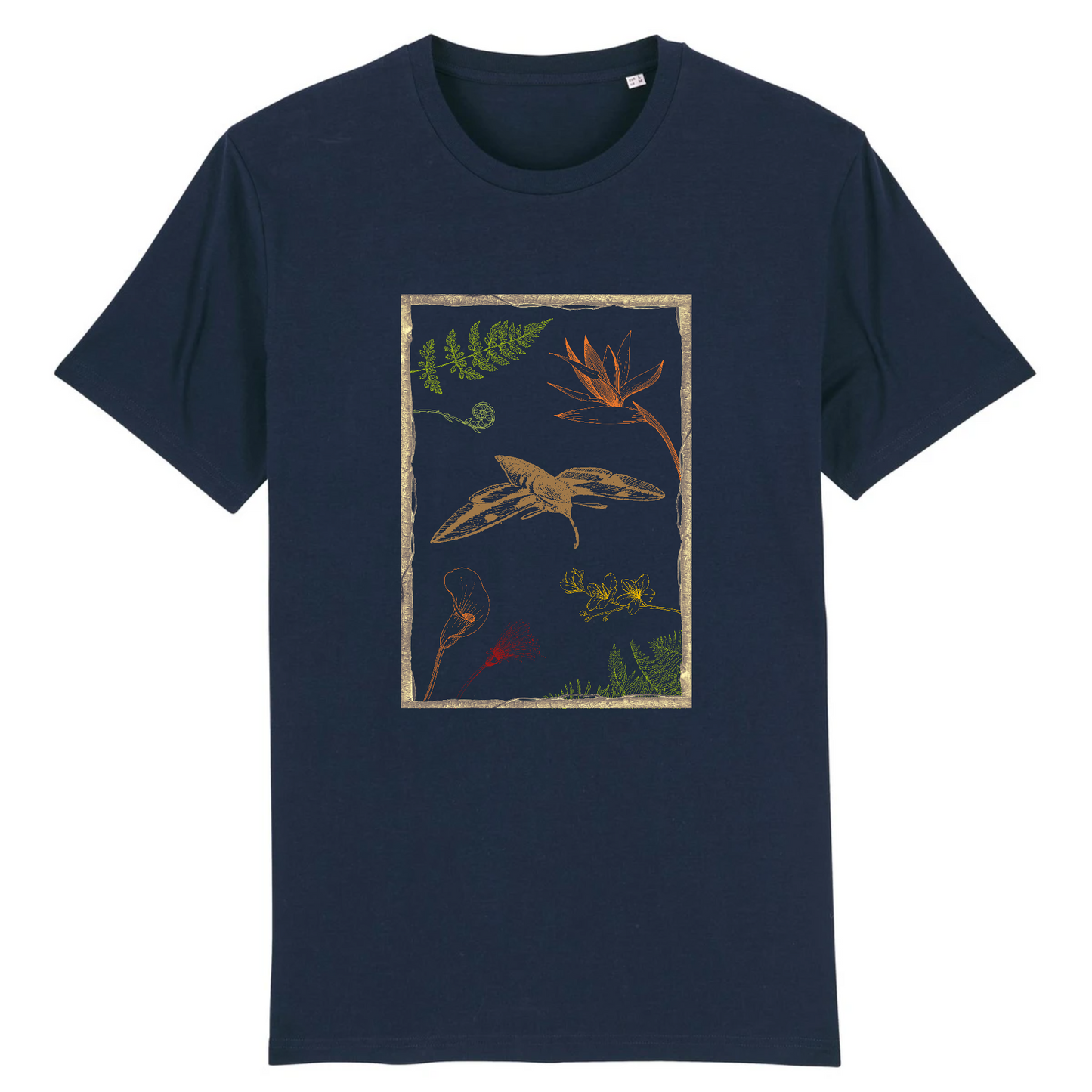 T-shirt homme coton bio | Graphisme insecte sphinx et fleurs | Marine