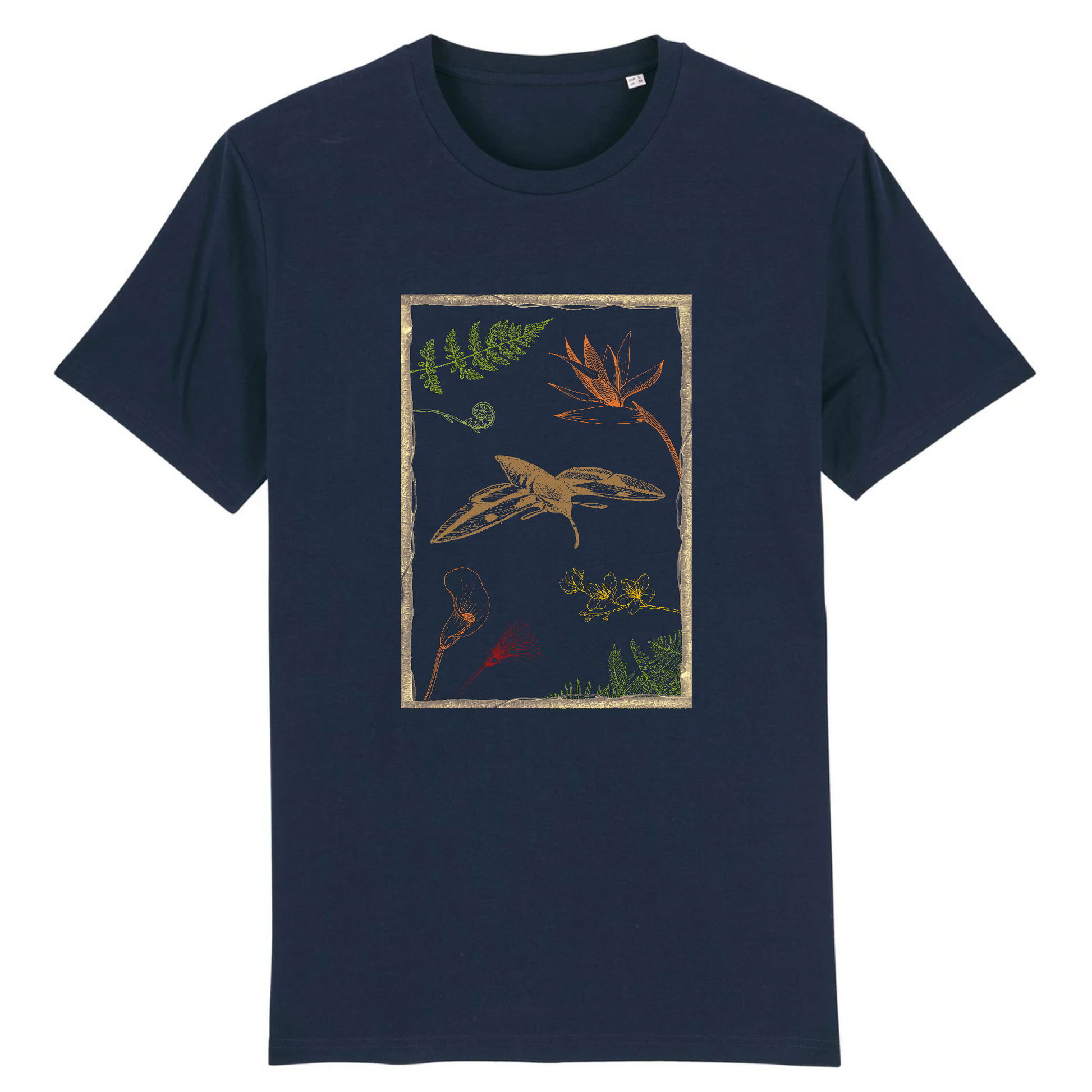 T-shirt homme coton bio | Graphisme insecte sphinx et fleurs | Marine