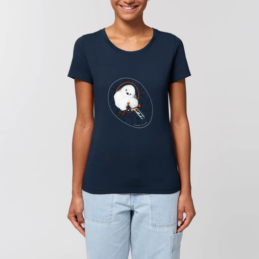 T-shirt coton bio femme | graphisme oiseau mésange à longue queue | Marine