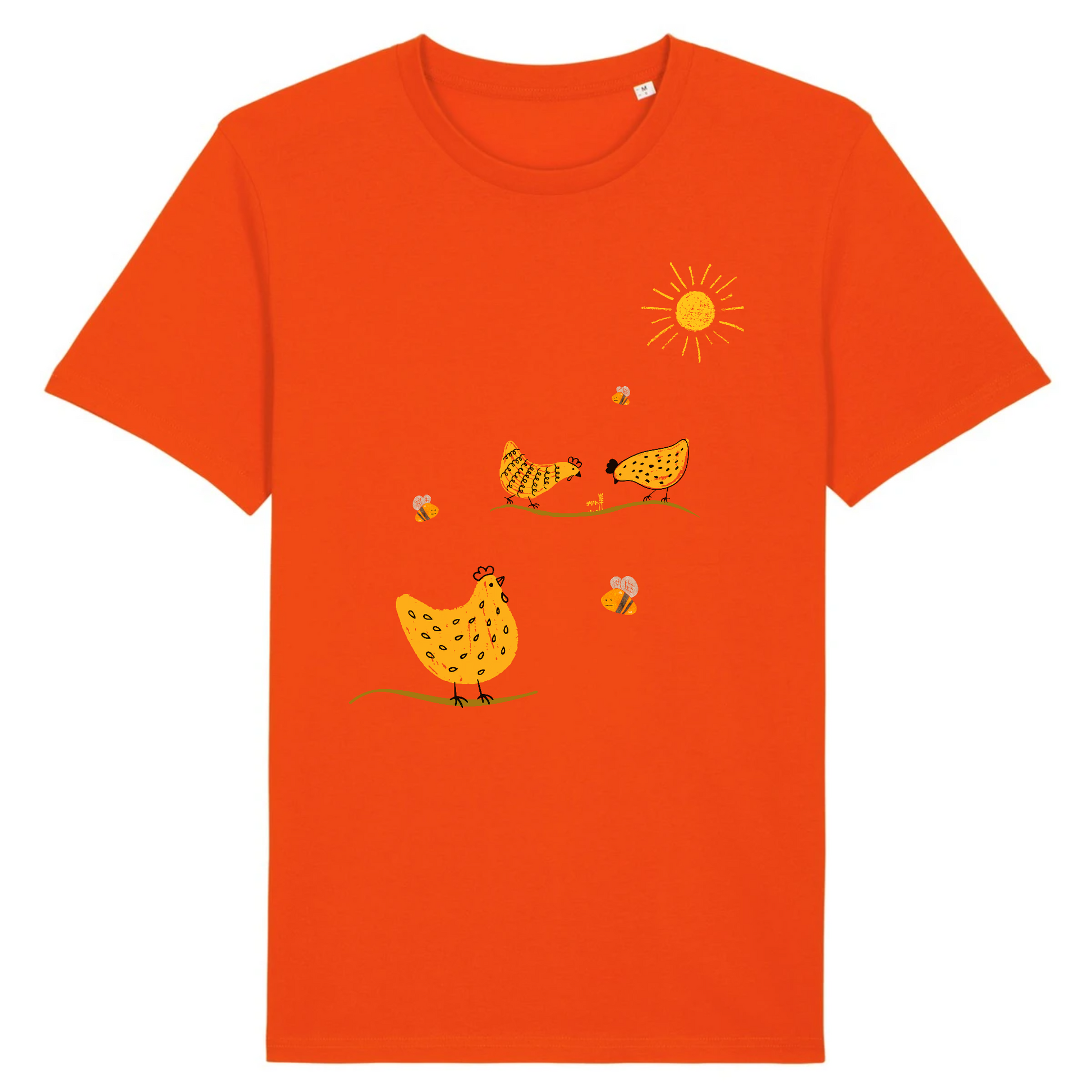 T-shirt homme coton bio | Graphisme poules et abeilles | Orange