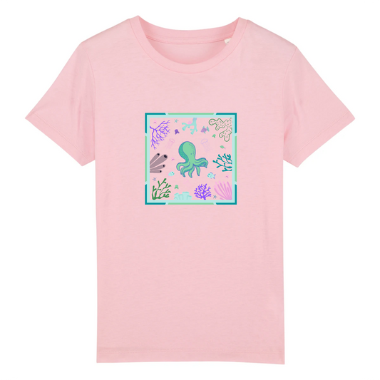 T-shirt enfant coton bio | Graphisme coraux et petite pieuvre | Rose